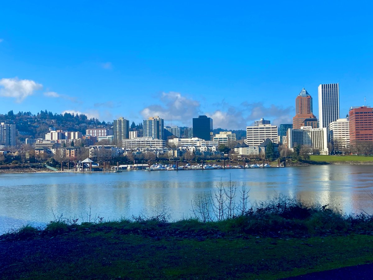Portland skyline across the river on a sunny day